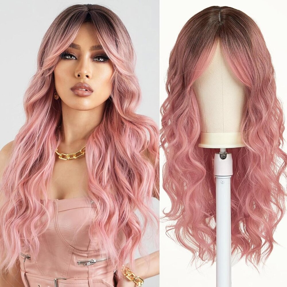 Long Wavy Pale Pink Synthetic Wig 26 Inch Heat Resistant Curly Daily